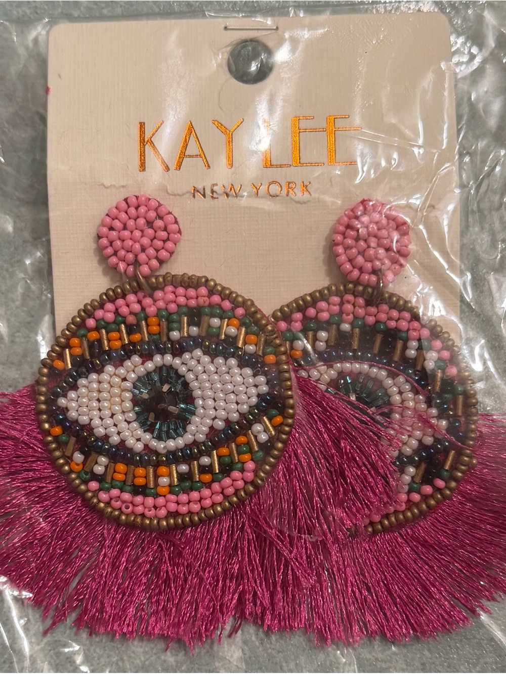 Kay Lee New York Pink Beaded Eye Fringe Earrings
